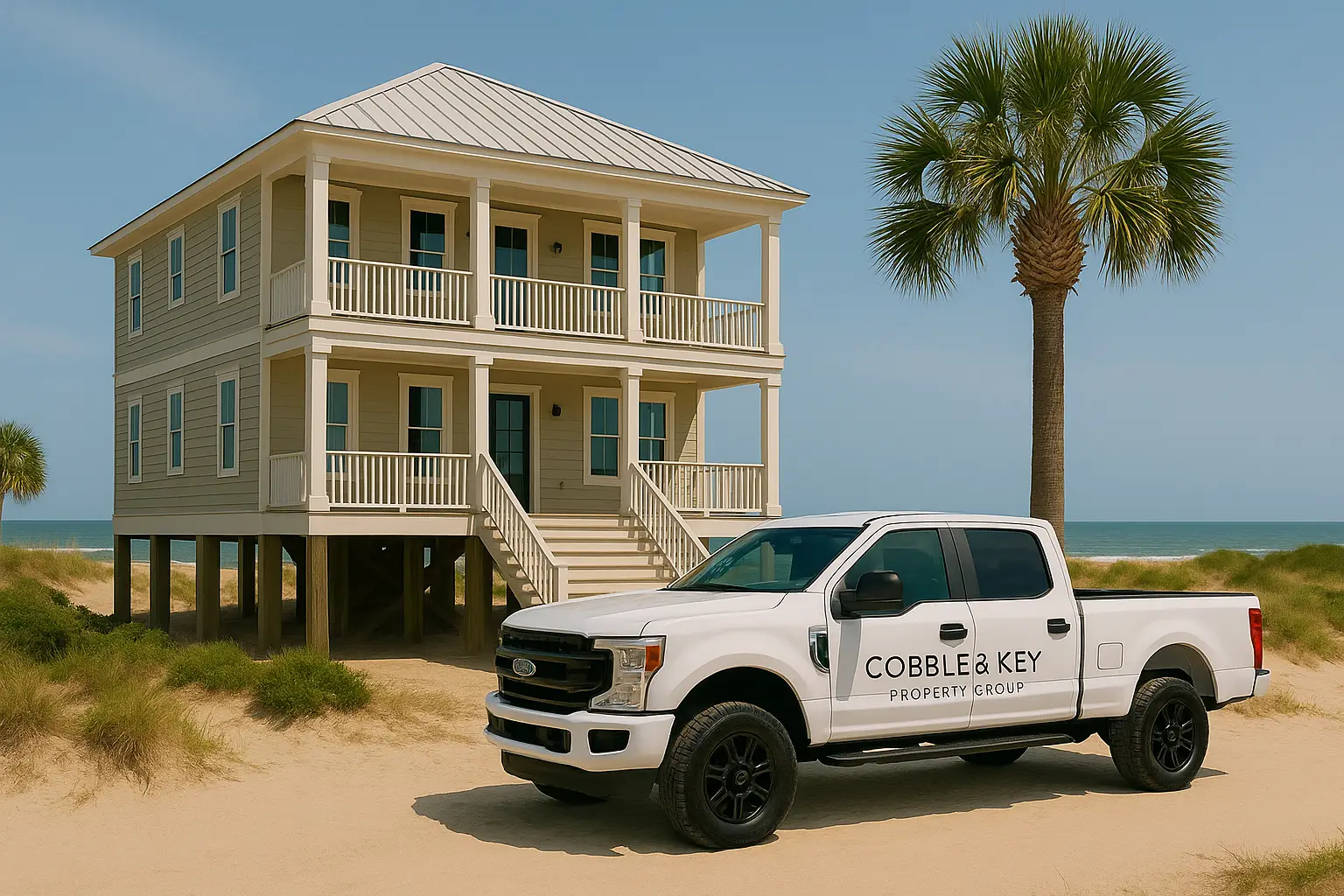 Cobble & Key Property Group branded truck parked in front of a beachfront vacation rental on stilts with palm trees and ocean view in the background