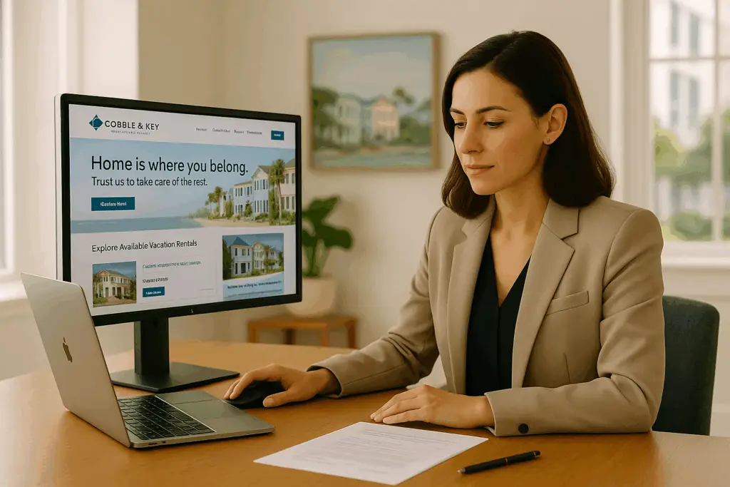 Businesswoman working at desk with Cobble & Key Property Group website displayed on monitor, showcasing vacation rentals and property management services.