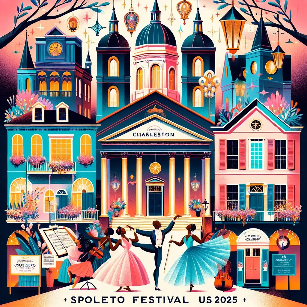 Colorful illustration of Charleston, South Carolina celebrating Spoleto Festival USA 2025, featuring iconic architecture, dancers, musicians, and whimsical lighting elements in a festive scene.